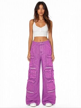 Fashion Nova Purple Wash Multi Pocket Wide Leg Cargo Jeans Y2K Size 9 29x32